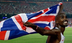 Britain’s Mo Farah celebrates after striking gold in the 10,000m at the Bird’s Nest stadium in Beijing.
