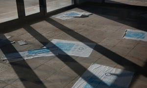Posters with the logo of the Athens 2004 Olympic Games are seen inside a hall at the Olympic sailing centre, which is now used as a marina, in the Agios Kosmas suburb, south of Athens.