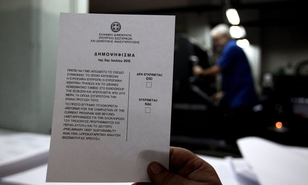 Ballot paper for 5 July referendum, in Athens, Greece.