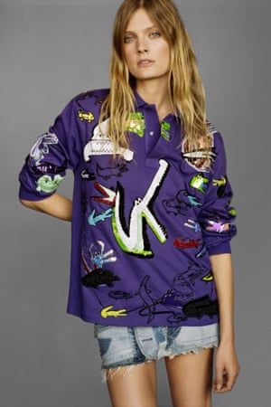 Constance Jablonski wears a Lacoste polo shirt embroidered by Lesage.
