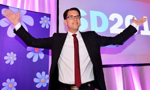 Sweden Democrats leader Jimmie Akesson celebrates his party's gains at the election last September.
