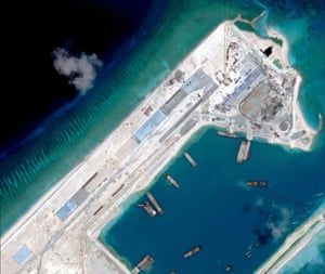 The partially built airstrip on Fiery Cross Reef in the Spratly Islands, in April 2015.