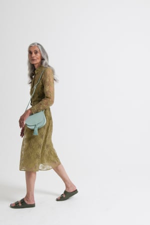 green lace shirt dress flat slip on green shoes pale blue bag