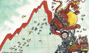 Cartoon of share price graph with dragon perched on it unsteadily