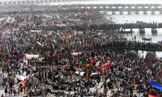 Worshippers gather at the confluence of the Ganges, the Yamuna and the mythical Saraswati rivers in Allahabad, India during the Maha Kumbh Mela, or Great Pitcher Fair