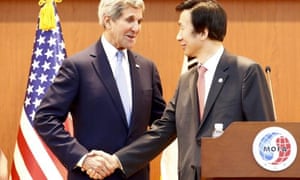 US secretary of state John Kerry shakes hands with South Korean foreign minister Yun Byung-Se on Monday.