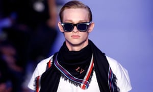 A model presents a creation by British designer Kim Jones for Louis Vuitton during the Paris mens fashion week