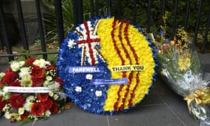 Wreaths are laid in front of Scots’ Church ahead of former prime minister Malcolm Frasers funeral in Melbourne, Thursday, March 27, 2015. (AAP Image/Tracey Nearmy) NO ARCHIVING