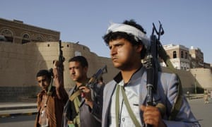 Shia Houthi rebels march through Sana’a to protest against Saudi-led air strikes.