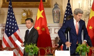 The vice premier of China, Wang Yang (left) and the US secretary of state, John Kerry, attend a joint press conference during high-level talks in Washington DC.