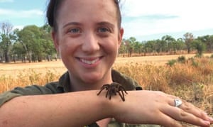 Adelaide university PhD student Sophie Harris with the newly discovered species of tarantula found in the Judbarra national park in the Northern Territory.