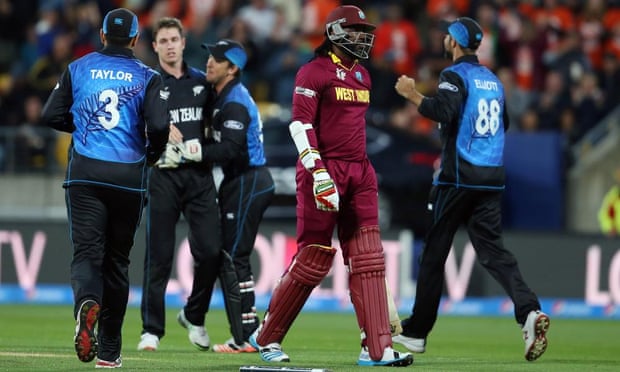 The West Indies’ Chris Gayle is sent packing after a blistering delivery from New Zealand paceman Adam Milne.
