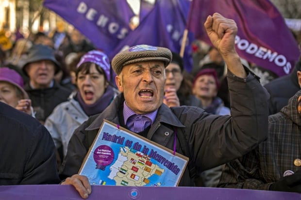 A Podemos march in Madrid. The fledgling radical leftist movement has attracted tens of thousands of people disenchanted with the established parties such as the ruling People's party.