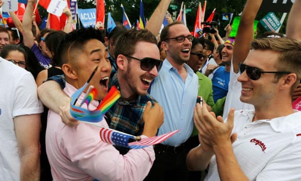 Gay rights supporters celebrate after the US supreme court ruled that the constitution provides same-sex couples the right to marry.