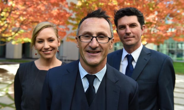 Newly elected federal Greens leader Richard Di Natale (centre) and his leadership team, Larissa Waters and Scott Ludlum, in Canberra on Wednesday.