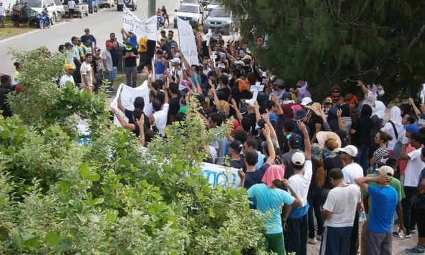 A supplied image obtained Tuesday, March 3, 2015, of refugees on Nauru Island stage a second protest on Sunday, March 1, 2015. Nauru’s president has accused Australian refugee advocates of stirring up trouble. (AAP Image/ Refugee Action Coalition) NO ARCHIVING, EDITORIAL USE ONLY