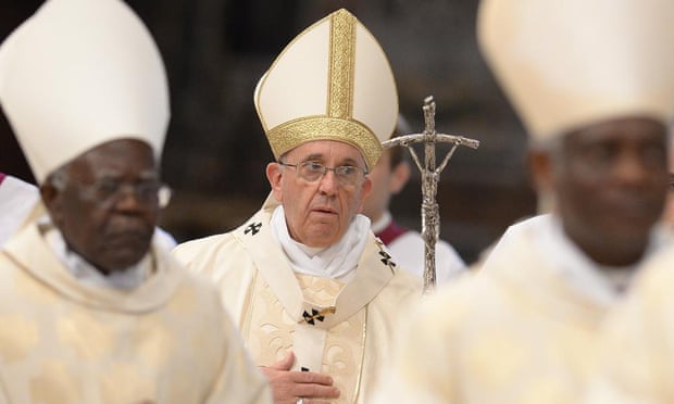 Pope Francis leads a mass in St Peter’s basilica before the opening of the general assembly of Caritas Internationalis. ‘The planet has enough food for all, but it seems that there is a lack of willingness to share it with everyone,’ he said.