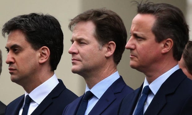 Ed Miliband, Nick Clegg and David Cameron attend a Service of Remembrance to mark the 70th anniversary of VE Day.