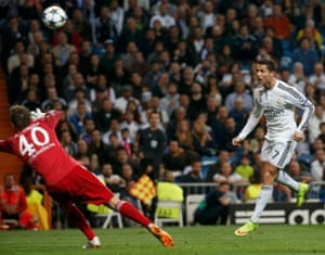 Cristiano Ronaldo heads past Timon Wellenreuther to score his second goal.