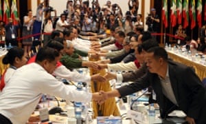 Members of the Burmese government and ethnic armies attend peace talks.