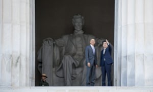 Barack Obama and Shinzo Abe of Japan visit the Lincoln Memorial in Washington DC.