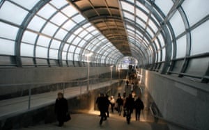 Commuters walk through Moscow's Strogino metro station in 2008.
