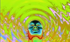 Psychedelic image of a head touching liquid.