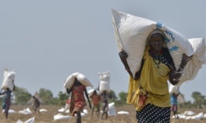 A woman carries a sack of food from an aid drop near a village in Nyal, Panyijar county, in South Sudan's Unity State. NGOs are concerned about moves to limit foreign agency workers in the country.
