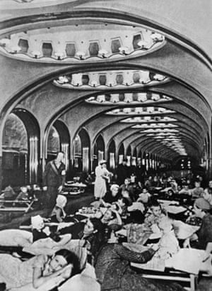 Peoplwe shelter in the underground hall of Mayakovskaya Moscow metro station, October 1941