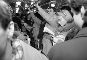Passengers in a packed Moscow Metro train, November 1992