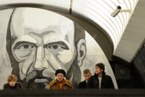 The Dostoyevskaya metro station with a mural of Russian writer Fyodor Dostoyevsky