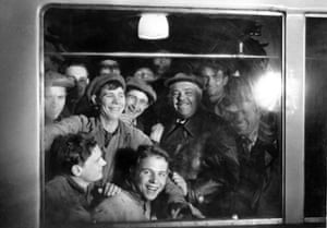 After the completion of Moscow’s first underground line, workers take the first ride in the new train, 1935