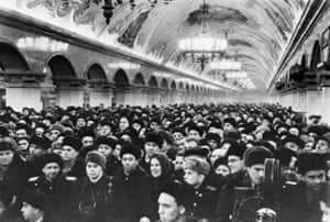 Crowds at the Komsomolskaya-Ring station of the Moscow Metro, to mark the opening of a new section. All 39 stations have works of architecture and fine arts