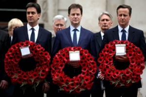 Labour Party leader Ed Miliband, Liberal Democrat leader Nick Clegg and Prime Minister David Cameron attend a tribute at the Cenotaph