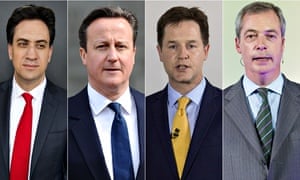 Ed Miliband, David Cameron, Nick Clegg and Nigel Farage. Photograph: Linda Nylind and Rex/Shuttrstock