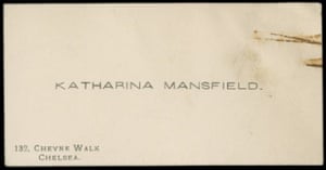 Calling card inscribed: Katharina Mansfield, 132, Cheyne Walk, Chelsea.
