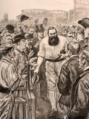 A vintage 1893 illustration of the cricketer WG Grace at the Oval cricket ground shows the gasometers in the background.