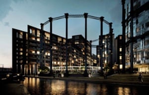 Gasholder No 8, which has been dismantled, refurbished and rebuilt on the other side of Regents Canal at Kings Cross, where it now encircles a new park and live events space.