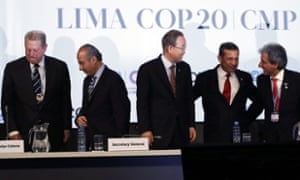 Former Vice President of the Unites States Al Gore, left, Former President of Mexico Felipe Calderon, second lef, U.N. Secretary General Ban Ki-moon, center, Peru's President Ollanta Humala, second right, and Peru's Environment Minister and President of the COP, Manuel Pulgar Vidal, gather at the U.N. Climate Change Conference in Lima, Peru, Thursday, Dec. 11, 2014. Delegates from more than 190 countries are meeting in Lima, to work on drafts for a global climate deal that is supposed to be adopted next year in Paris.