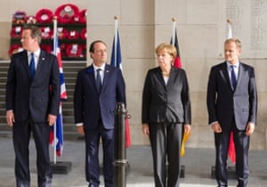 Britain's prime minister David Cameron, left, at a world war one commemoration in 2014 with French president François Hollande, German chancellor Angela Merkel and former Polish prime minister Donald Tusk, who is now president of the European Council.