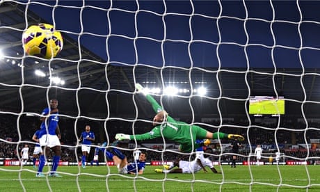 Swansea's Wilfried Bony scores past the Leicester goalkeeper Kasper 