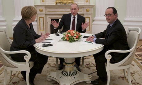 Russian President Vladimir Putin with German Chancellor Angela Merkel and French President Francois Hollande in Moscow urgent meeting.