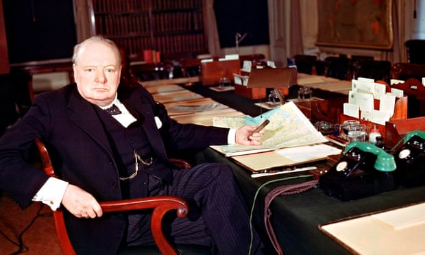 World War Two London, England. March 1945. British Prime Minister, Winston Churchill at his desk.