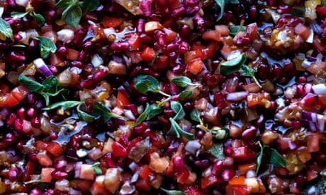Yotam Ottolenghi’s tomato and pomegranate salad, as featured in <em>Plenty More</em>.