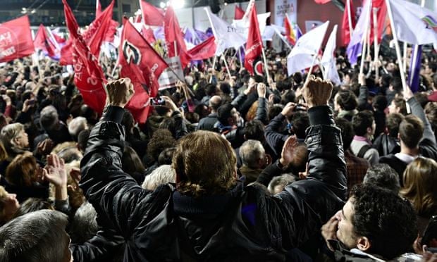 Supporters cheer Alexis Tsipras on 22 January 2015