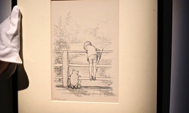 EH Shepard drawing of Winnie the Pooh playing 'Poohsticks' with Piglet and Christopher Robin