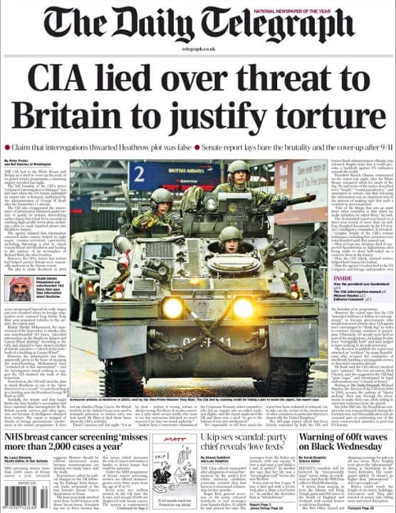 Telegraph Front Page - CIA lied over threat to Britain to justify torture