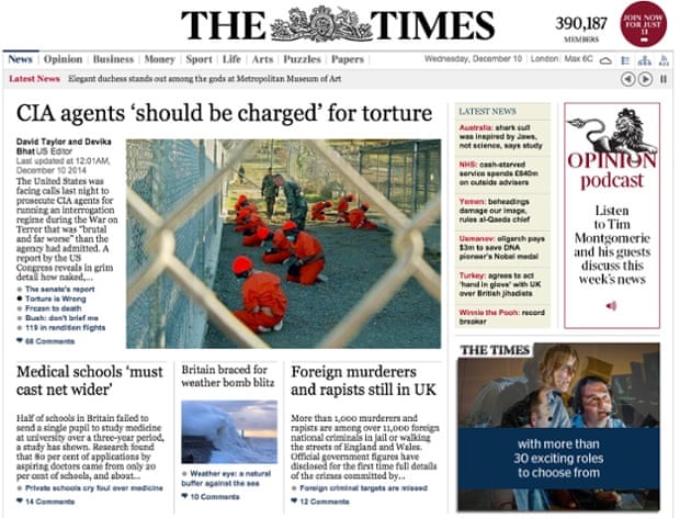 The Times - Website front page on CIA story