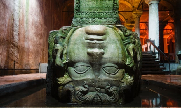 Upside down head of Medusa at base of column in Basilica Cistern (Sunken Cistern).
