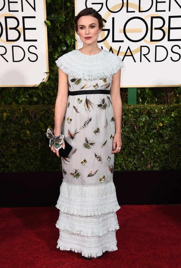 Keira Knightley arrives at the Golden Globes.
